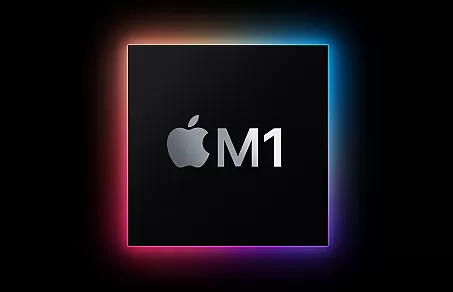 Apple M1 logo stylised as a processor, as presented in Apple's keynote