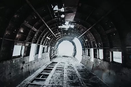 Hall of old abandoned aircraft